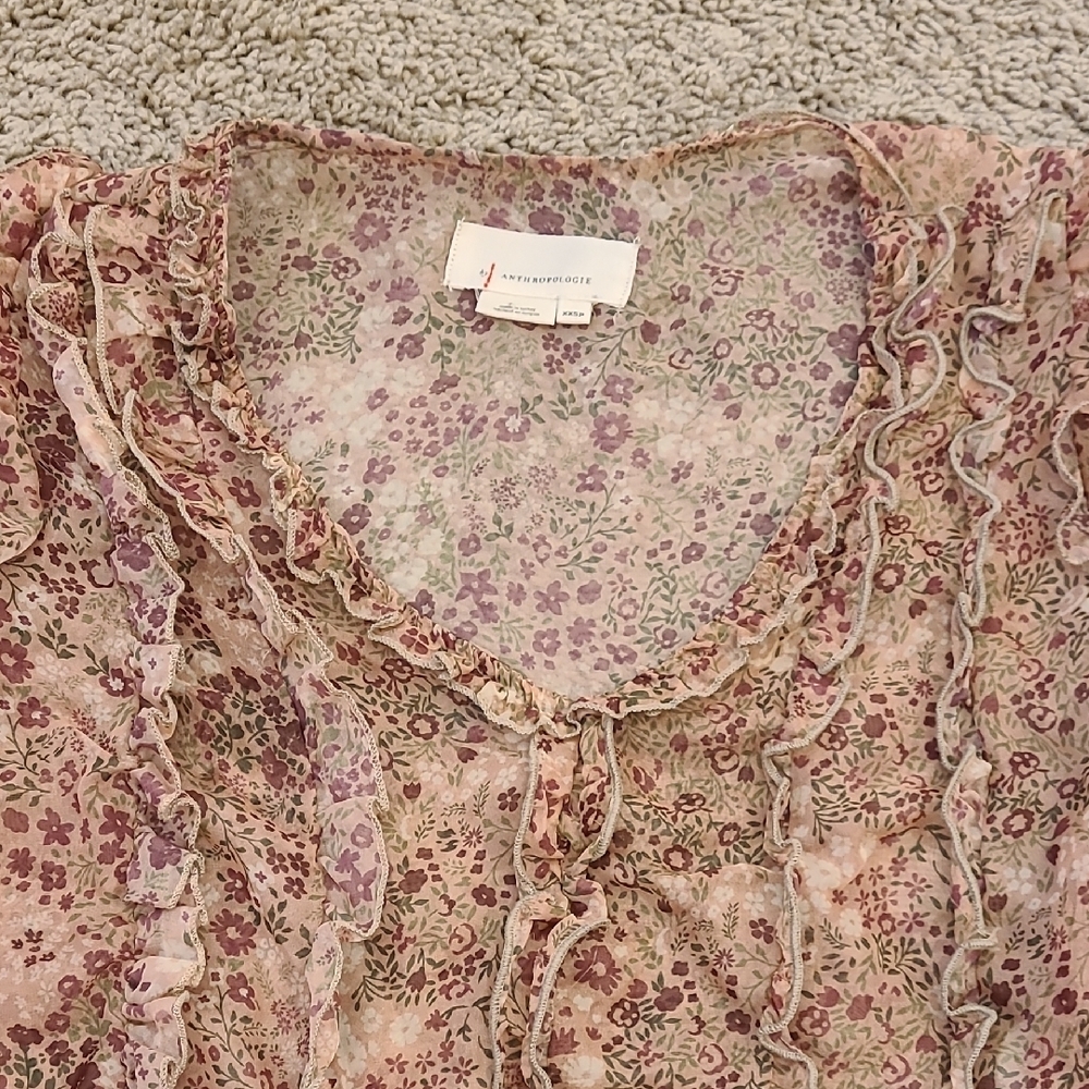 Anthropologie Floral Sheer Cropped Puff Sleeve Blouse PXXS - Picture 5 of 15